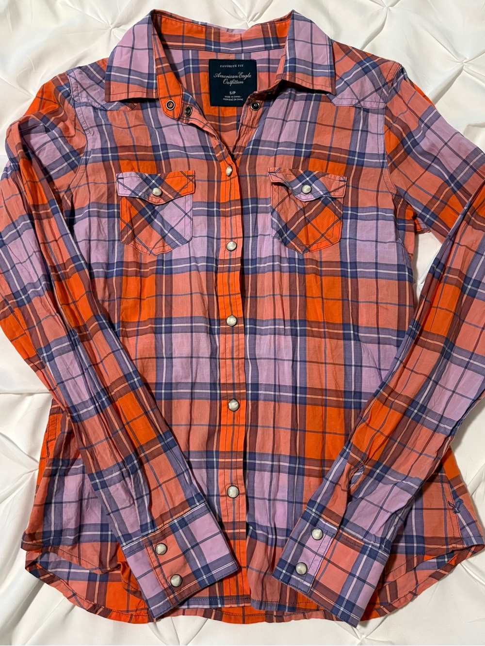 American Eagle Outfitters Women’s Orange & Purple Plaid Button-Up Shirt, Size S